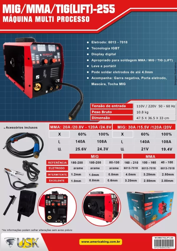 Máquina De Solda Inversora Mig/mma/tig (lift)-255 Bivolt Usk