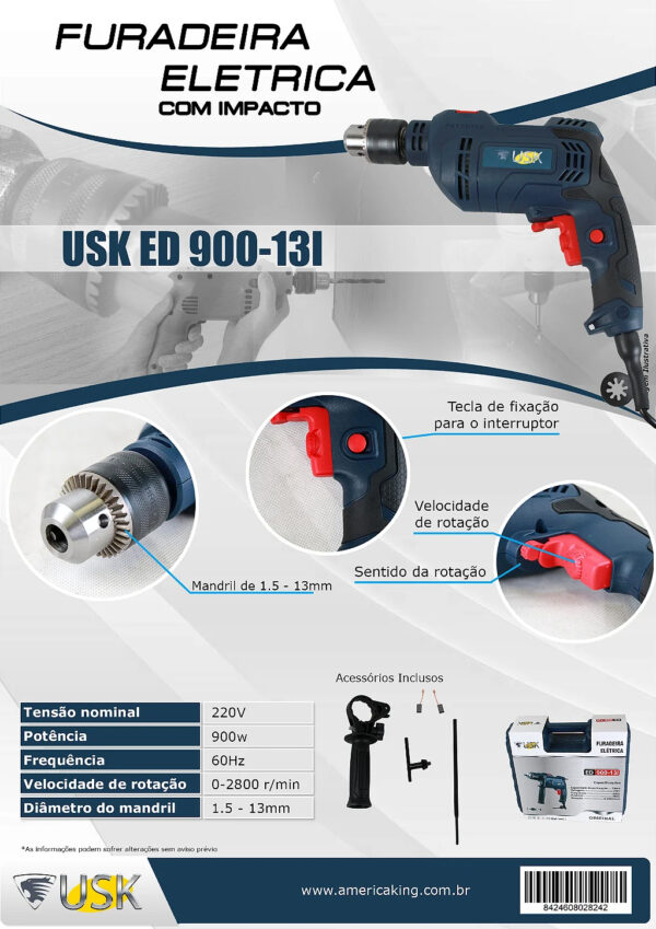Furadeira Elétrica Com Impacto – 900w – 220v Ed 900 13i Usk