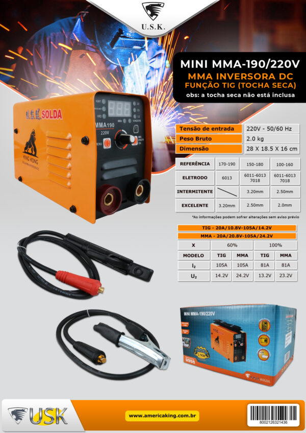 Maquina Solda Inversora Mini 190 Tig Mma Elétrica Usk – 220V